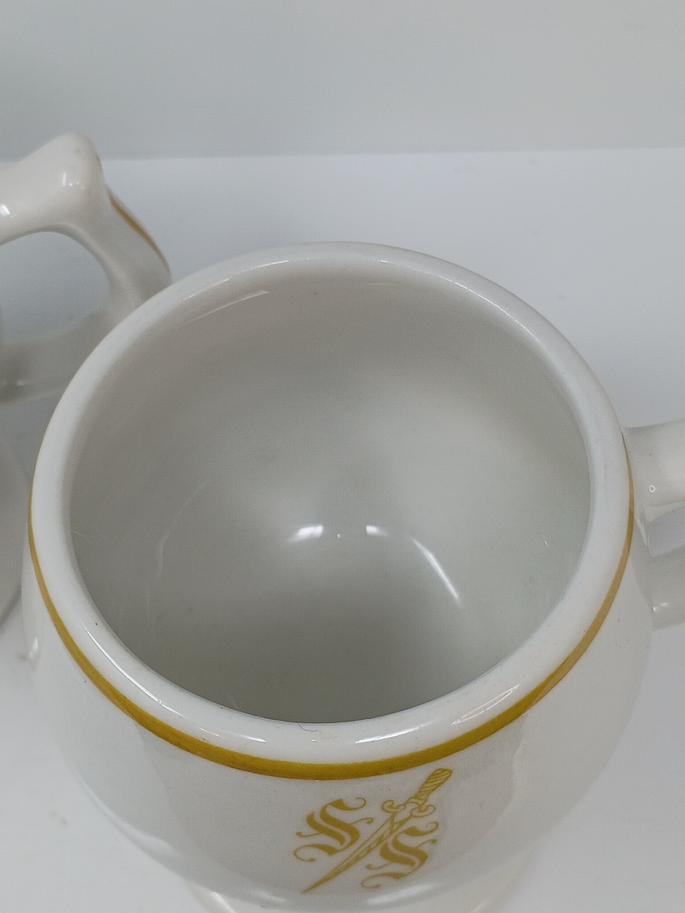 Sterling China, White Ceramic Pedestal Mugs with Gold Trim & Emblem - Set of 2 - Picture 11 of 12